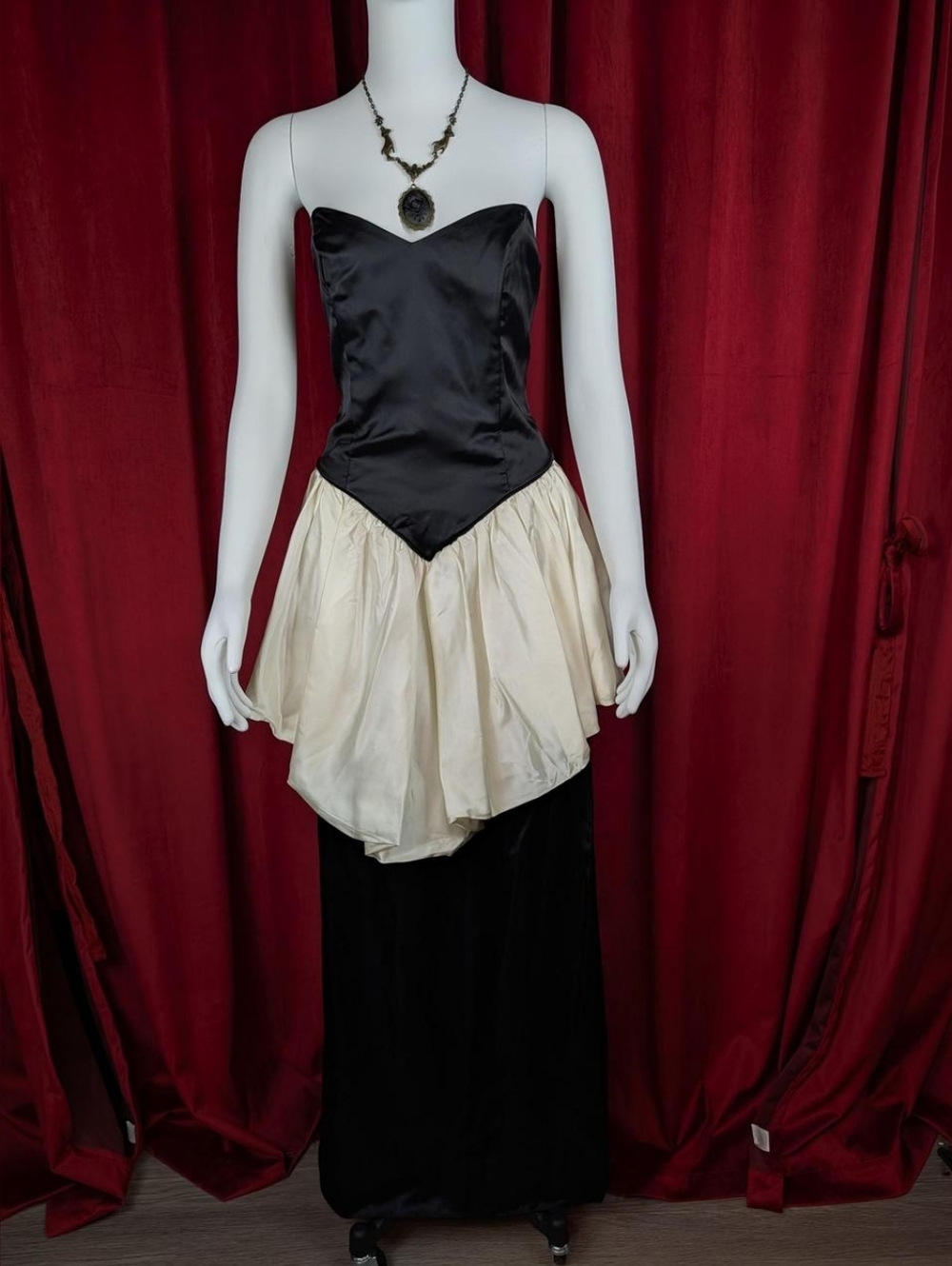 Vintage 80's Union Made Black & White Satin Peplum Pencil Strapless Gown